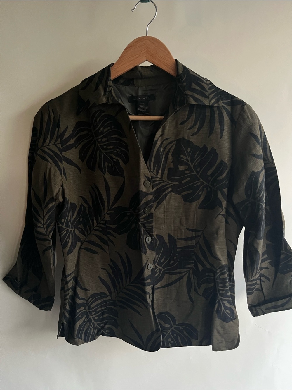 Silkland 100% Silk Jacket Sz Sm Green Black Palm Hawaiian EUC - Picture 2 of 4